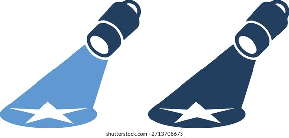 Ilustração vetorial de dois holofotes azuis brilhando em estrelas brancas com um fundo branco puro e sotaques azul escuro