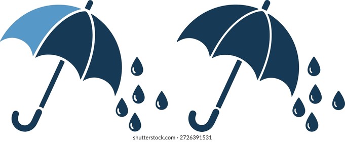 Ilustración vectorial de dos paraguas azules con gotas de lluvia cayendo a su alrededor, un paraguas tiene un dosel azul claro, sobre un fondo blanco puro