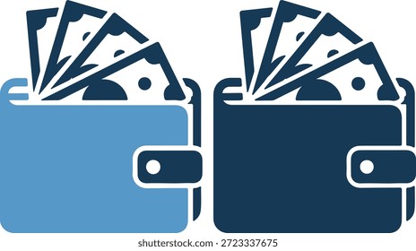 Ilustración vectorial de dos iconos azules de la cartera uno al lado del otro con billetes de dinero que sobresalen sobre un fondo blanco puro, en tonos azules claros y oscuros