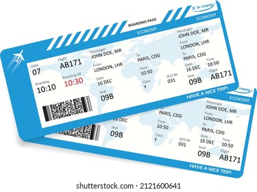 Vector illustration of two boarding pass. Blue flight airline tickets. The boarding pass contains fictitious data in the text. Travelers need to have paper boarding pass tickets for travel by plane