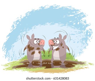 Vector illustration of a two boars in mud