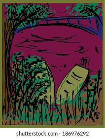 Vector illustration of two boats. Hand drawn image, forest, bridge.