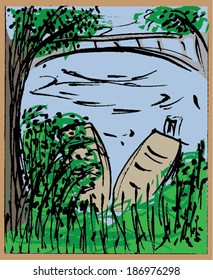 Vector illustration of two boats. Hand drawn image, forest, bridge.