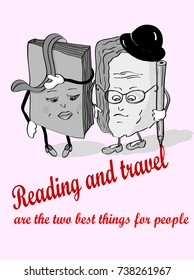 Vector illustration of two book cartoon characters. Travel and reading motivating card, print or copybook cover