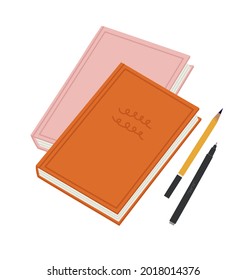 Ilustración vectorial de dos libros, lápiz, marcador, aislado en blanco. Conjunto hecho a mano. Objetos para aprender, leer, herramientas escolares. Adecuado para librerías y editoriales.