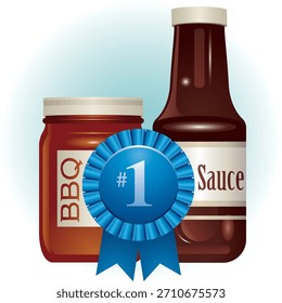 Una Ilustración vectorial de dos botellas de salsa barbacoa, con una cinta azul etiquetada 1 para resaltar el Estado de alta calidad o más vendido. La salsa barbacoa es un condimento sabroso utilizado para asar a la parrilla.