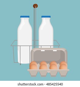 Vector illustration two bottles of milk and box with brown chicken eggs. Traditional breakfast food.