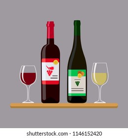 Vector illustration of two bottles wine and two glass, isolated on gray background