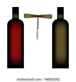 Vector illustration, two bottles of wine and a wine corkscrew with a wooden handle