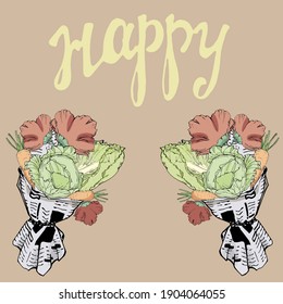 vector illustration two bouquets of vegetables-cabbage,carrots and flowers,word happy on a pink background