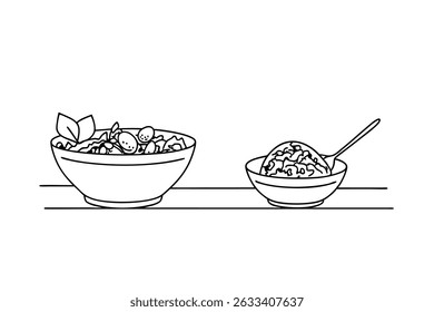 Vector Illustration Of Two Bowls Full Of Food On A Table Line Art