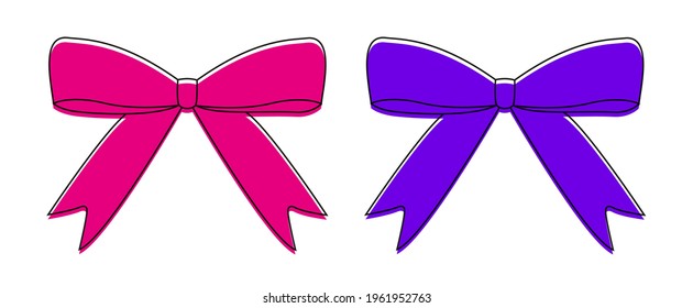 Vector illustration of two bows. Purple and pink bows. Linart. Cute picture of colored ribbons