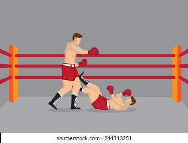 Vector Illustration Of Two Boxers In Boxing Ring And One Of Them Knocked Out On The Floor. 