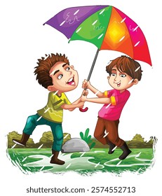 Vector illustration two boy enjoying in rain
