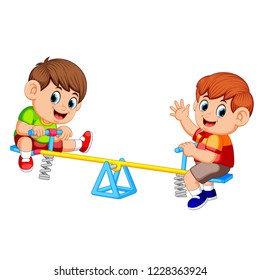 Vector illustration of Two boy playing on seesaw
