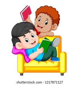 Vector Illustration Of Two Boy Is Reading Book Sitting On A Big Comfy Chair