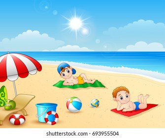 Vector illustration of Two boy sunbathing on the beach mat