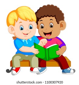 vector illustration of two boys reading book on bench