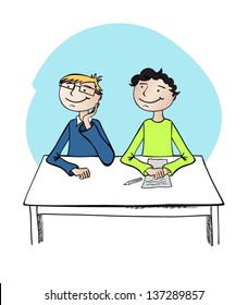 Vector illustration of two boys sitting at the desk
