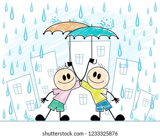 Vector illustration of two boys with umbrellas