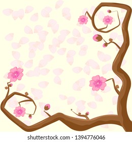vector illustration, two branches with pink inflorescences on the background of petals