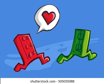 Vector illustration of two bricks pieces running. Love concept.