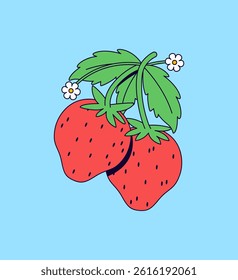 Vector illustration two bright red strawberries with lush green leaves and tiny white blossoms for capturing the essence of fresh fruit straight from the garden.
