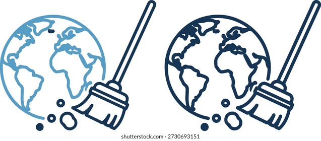 Ilustração vetorial de duas vassouras limpando a Terra em um estilo de linha simples, uma vassoura e a Terra contornada em azul claro, a outra em azul escuro, em um fundo branco puro