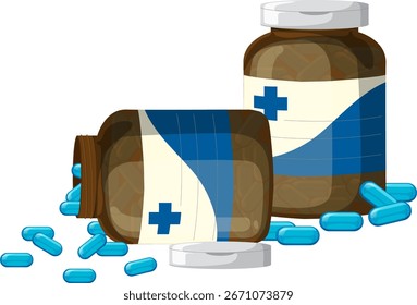 Ilustración vectorial de dos botellas de medicina marrones con cápsulas azules en estilo de diseño plano limpio.