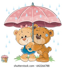 Vector illustration of two brown teddy bear boy and girl hiding from the rain under the umbrella. Print, template, design element