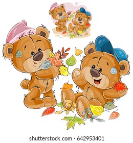 Vector illustration of two brown teddy bears playing with fallen leaves. Print, template, design element