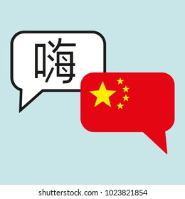 Vector illustration with two bubble patterns with the Chinese national flag and handwritten Chinese word of congratulations. Modern design for a language course or translation agency.