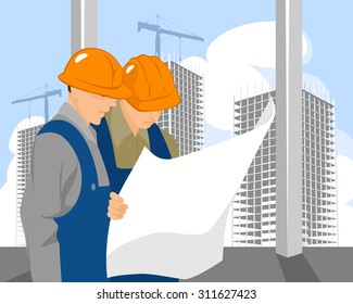 Vector illustration of a two builders look on plan