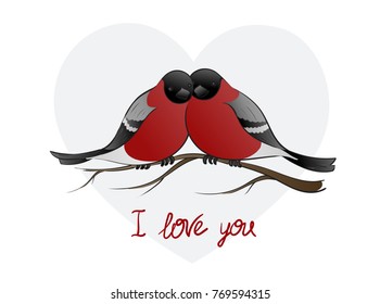 Vector illustration of two bullfinch birds huddled together on the branch with heart on the background