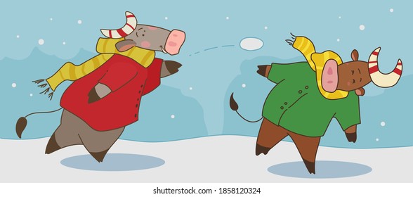 Ilustración vectorial. Dos toros en un abrigo están jugando bolas de nieve.