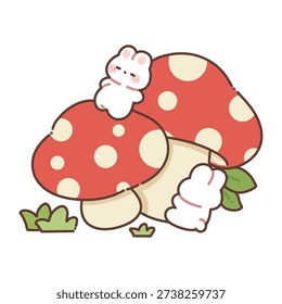 Vector illustration of two bunnies resting or playing on mushrooms