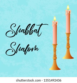 Vector illustration for two burning Shabbat candles and Shabbat shalom words. Shabbat candlesticks