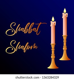Vector illustration for two burning Shabbat candles and Shabbat shalom words. Shabbat candlesticks