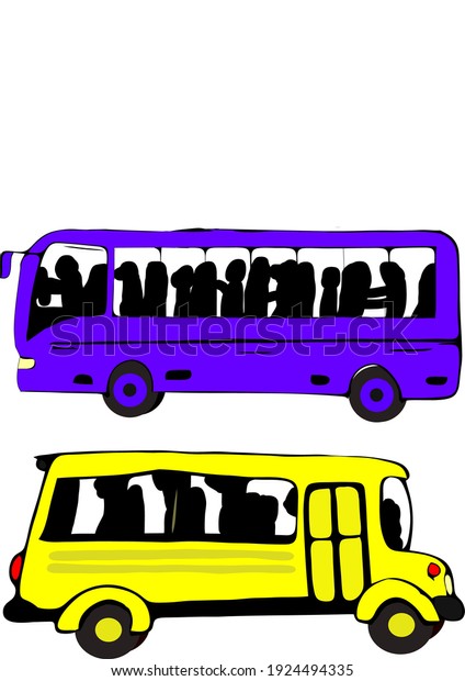 Vector illustration of two buses. Yellow and\
Violet color buses with white\
background.