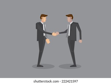Vector illustration of two business executives of different ethnicity shaking hands. Full body isolated on grey background.