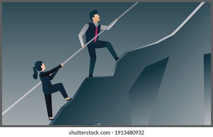 vector illustration of two business man and woman climbing a mountain on a rope