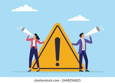 Vector illustration of two business people announcing a warning message through a megaphone while standing next to a large warning sign, emphasizing urgent alert and communication
