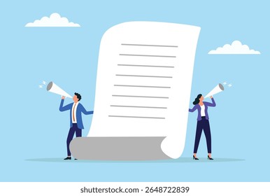 Ilustração vetorial de dois empresários anunciando informações importantes por meio de megafones ao lado de um documento grande, simbolizando comunicação, trabalho em equipe ou aviso público
