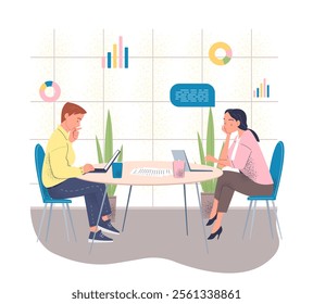 A vector illustration of two business professionals at a table, working on laptops, surrounded by charts, graphs, and plants, symbolizing collaboration and data analysis in a modern office