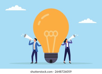 Vector illustration of two business professionals announcing ideas through megaphones beside a large light bulb, symbolizing creativity, innovation, and teamwork
