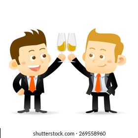 Vector illustration of two businessman clink glasses of champagne to celebrate a success partnership or special event