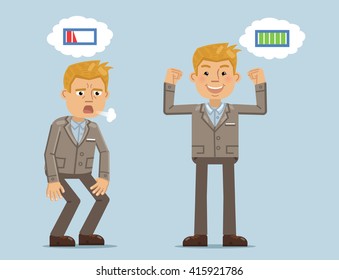 Vector illustration of two businessman with different energy levels. Tired, exhausted, energetic, full of energy. Flat style vector illustration