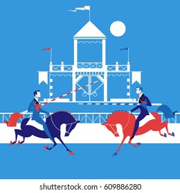 Vector illustration of two businessman looking like fighting knights with spears riding horses. The jungle of business concept design element in flat style.