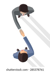 Vector illustration of two businessman shaking hands, business concept in partnership, agreement, or making deal. Top view. Flat design. 