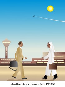 vector illustration of two businessmen about to shake hands as they walk towards each other at an airport in eps10 format